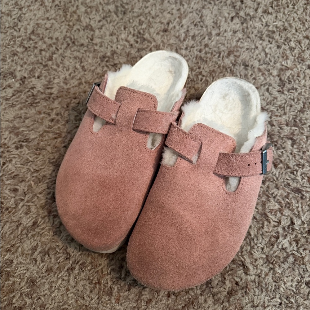 Birkenstock Pink Suede Shearling Clogs